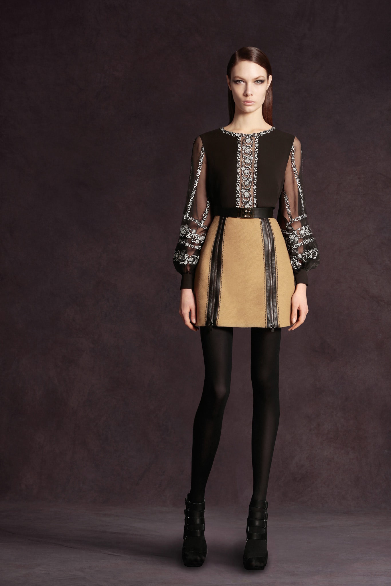 black and beige embroidered mini dress
