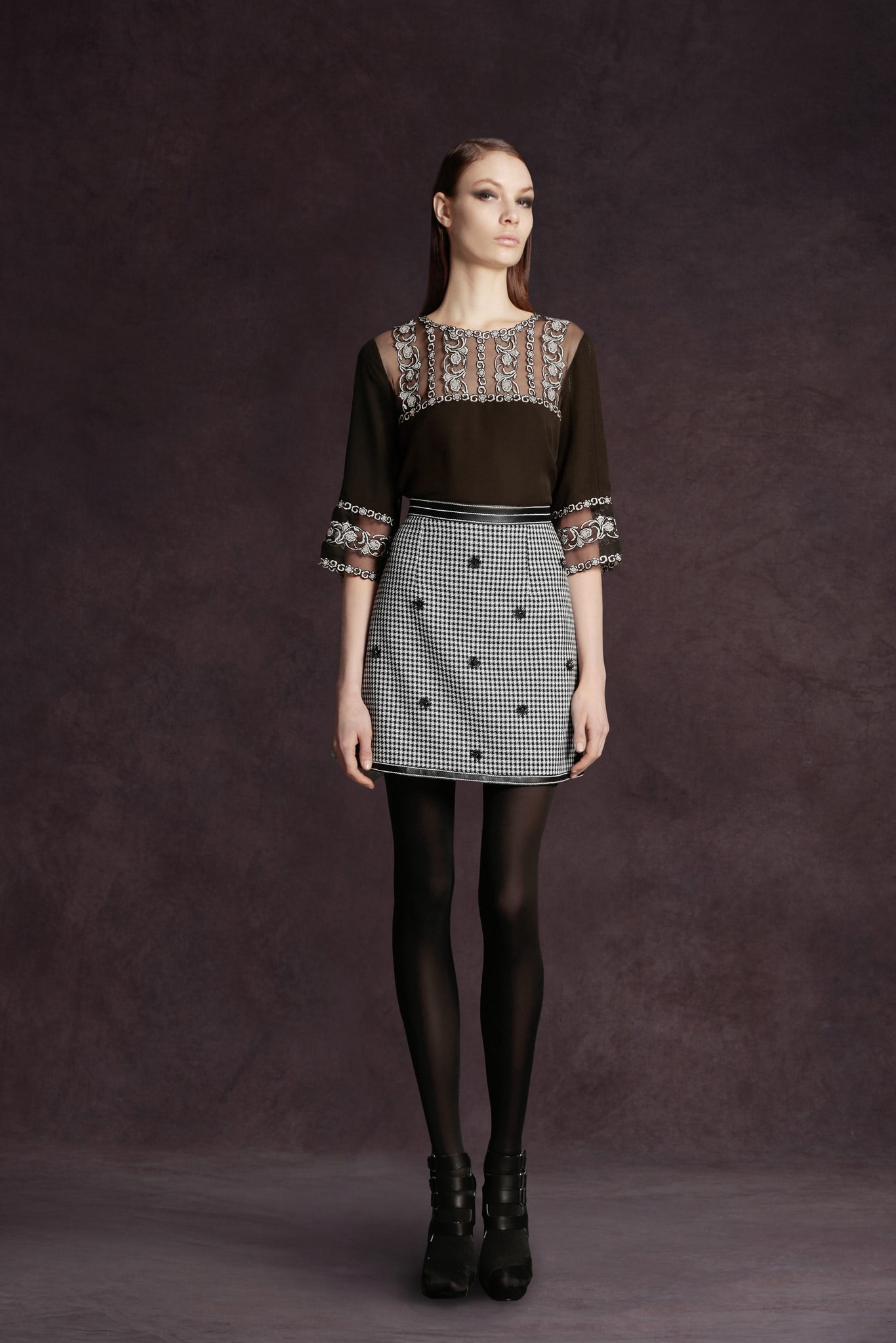 black silk blouse and pencil skirt