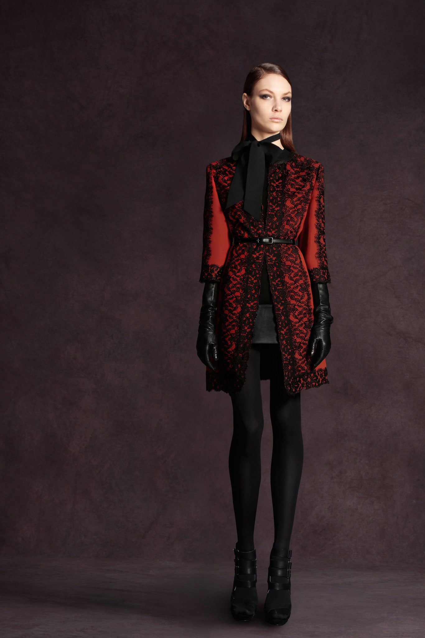 red silk long-sleeve collared fitted embroidered belted coat