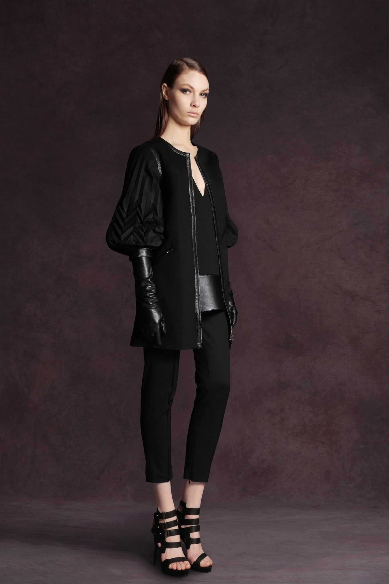 black fitted coat with slim pants