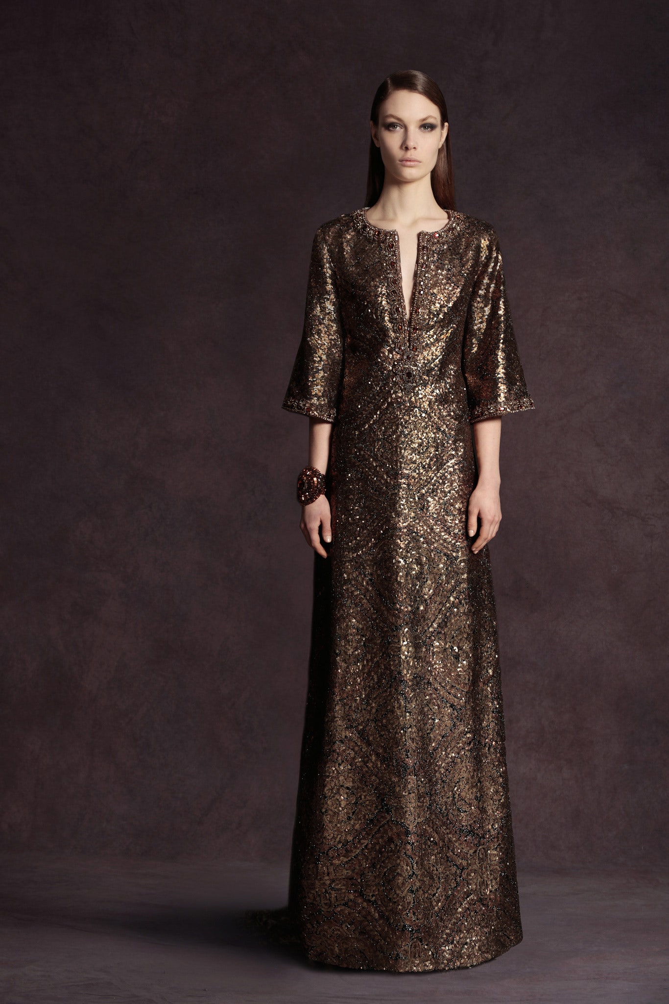brown gold embellished gown