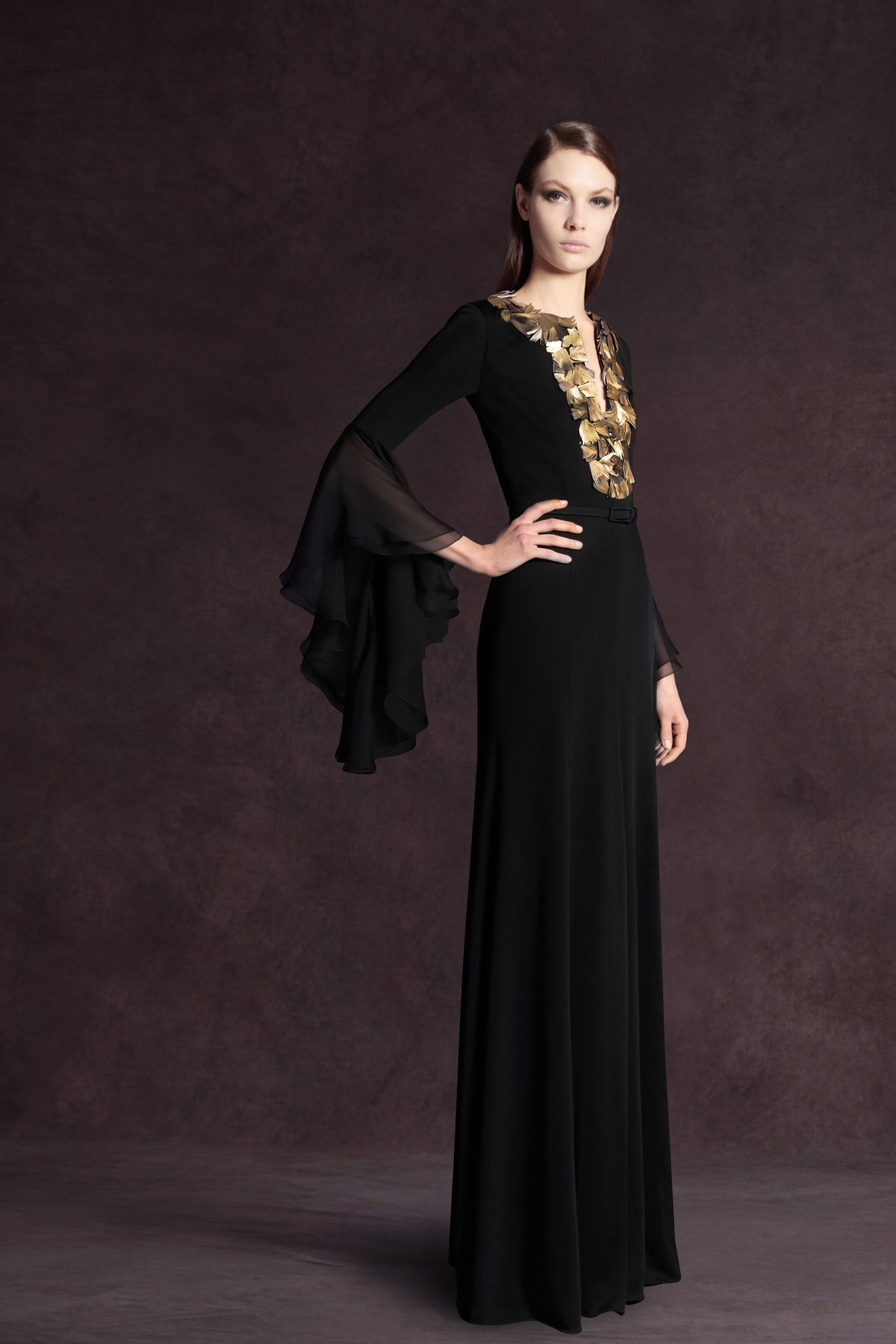 black silk embellished gown