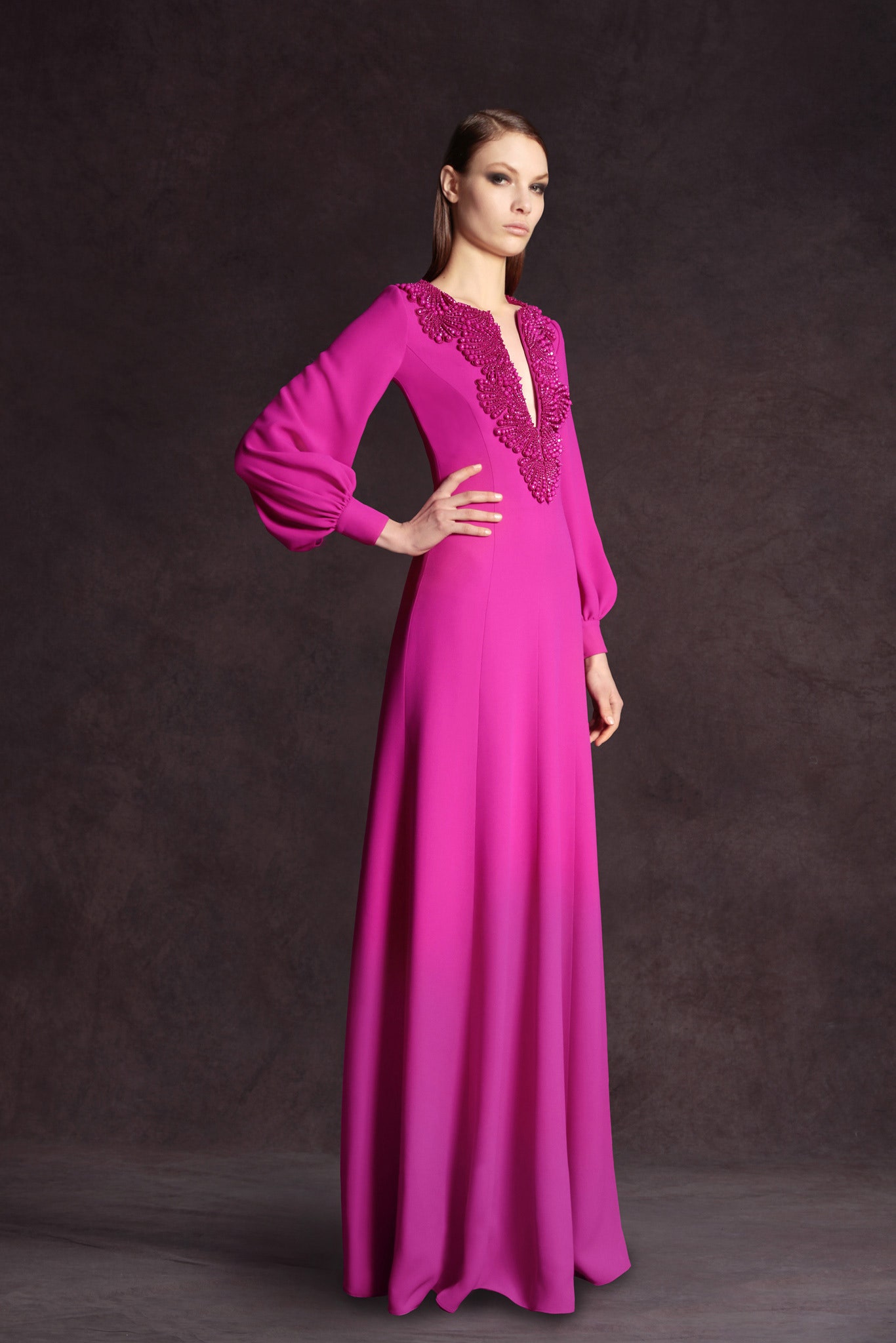 pink silk long-sleeve gown