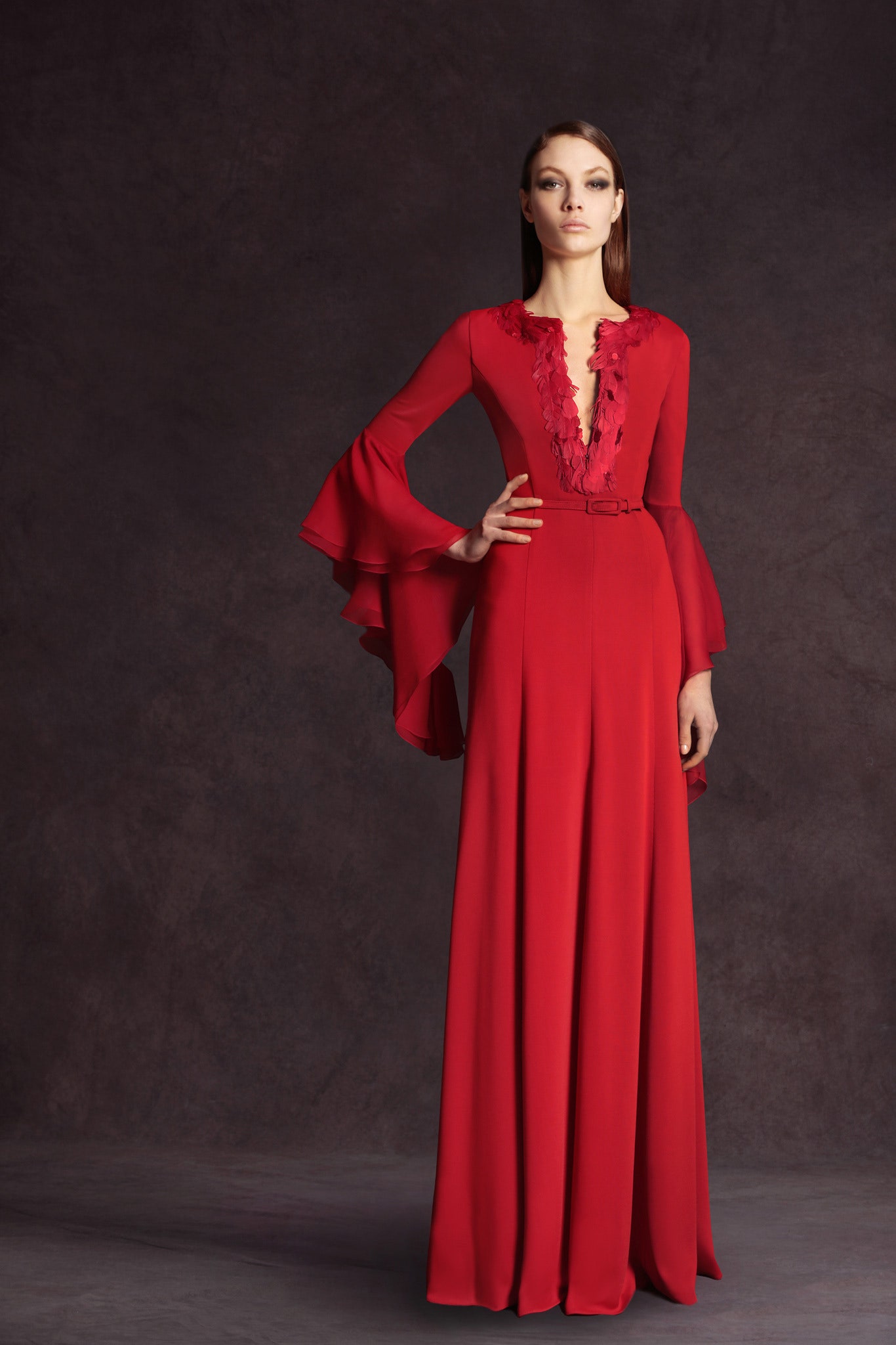 red silk fitted gown