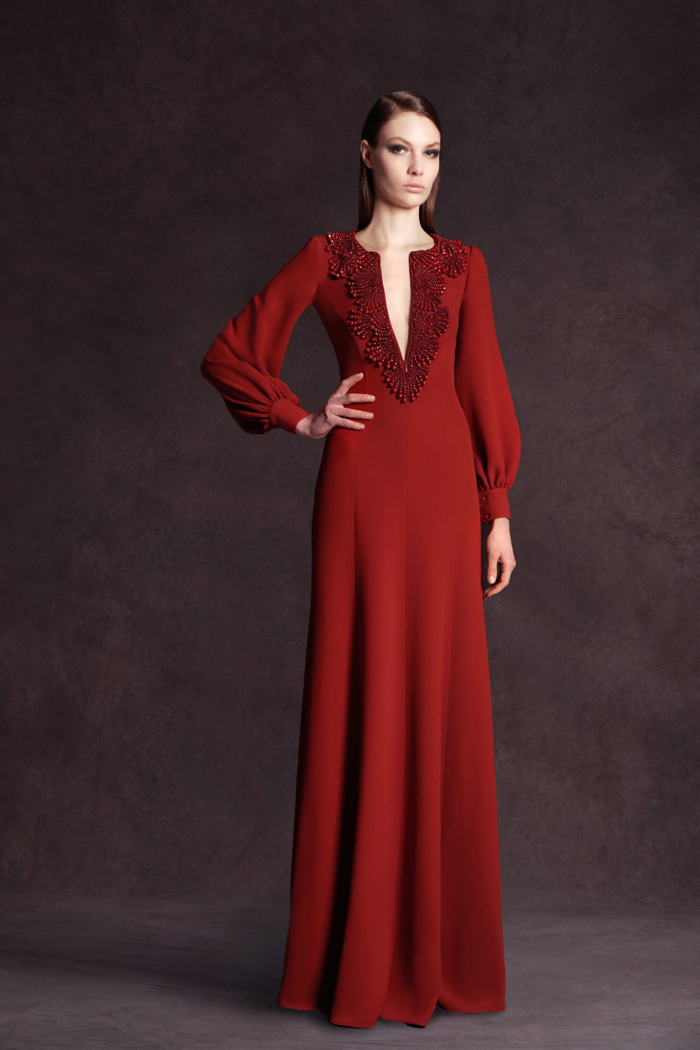 red silk fitted gown