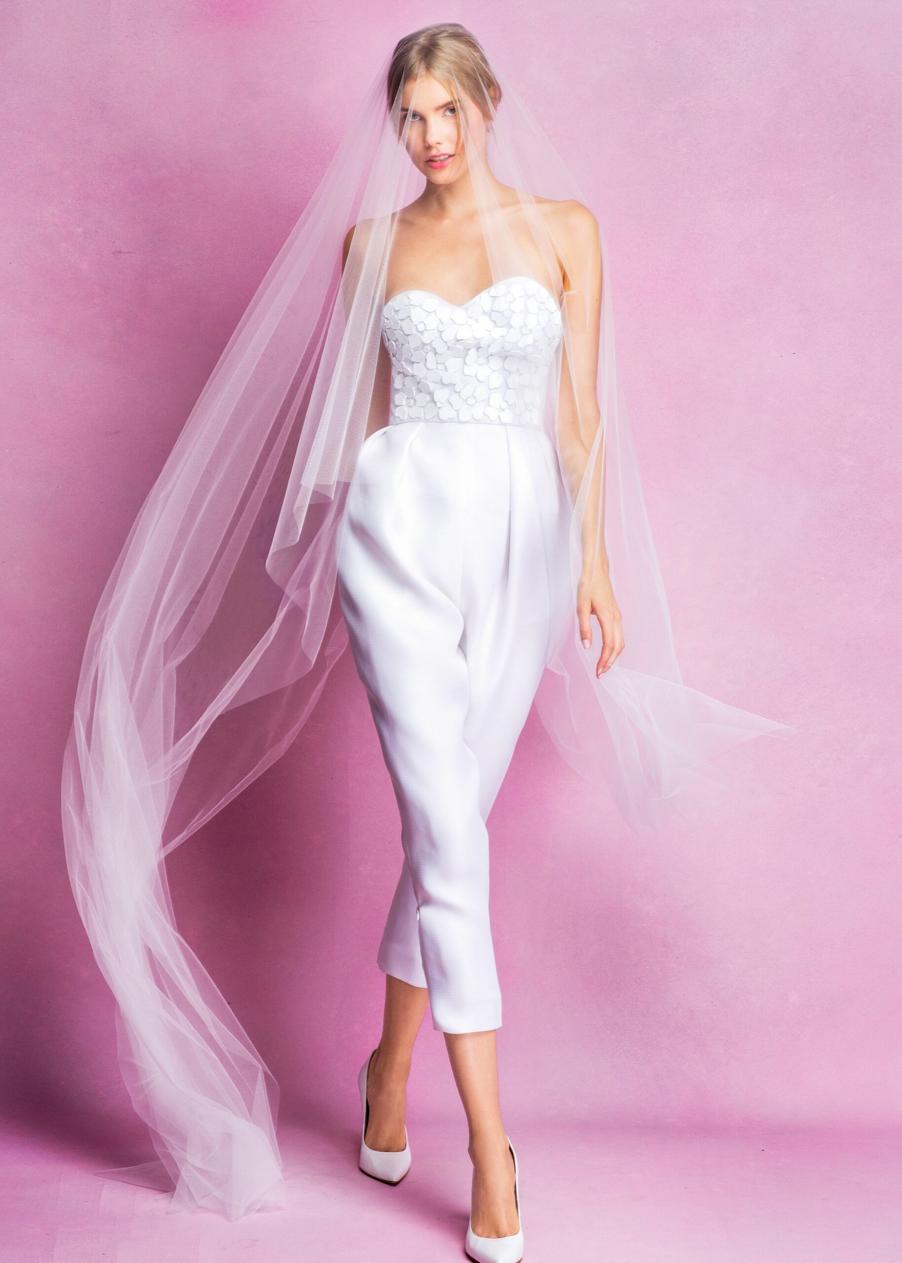 white satin strapless jumpsuit with veil