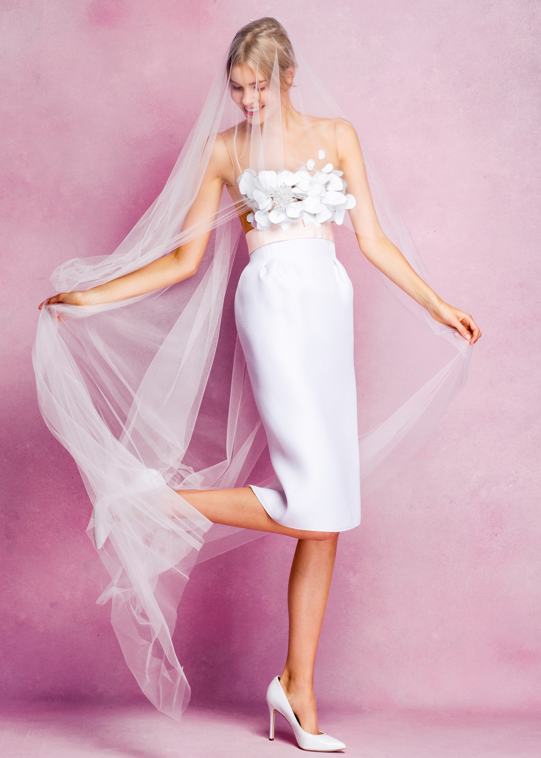 white silk midi skirt and top