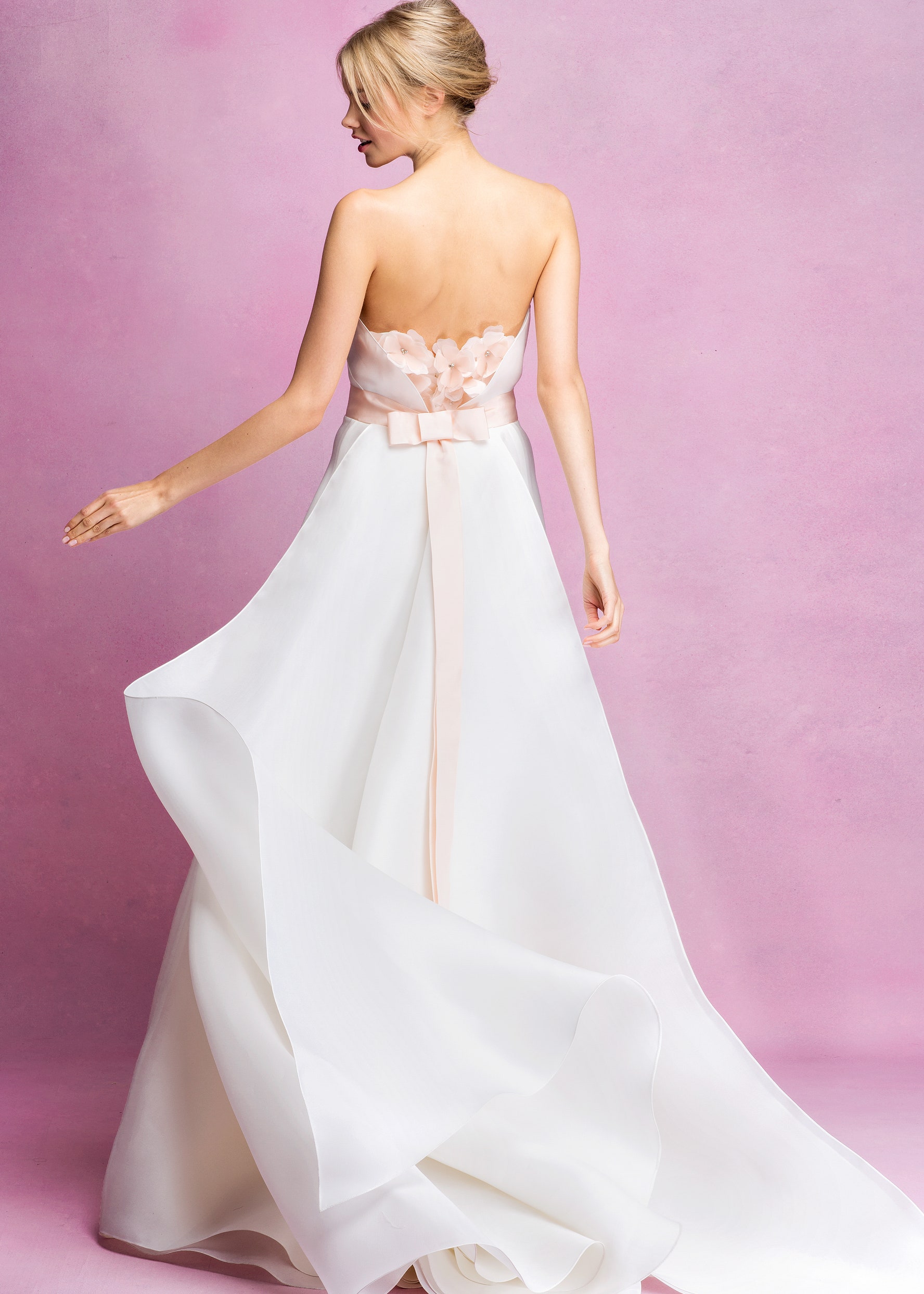 white silk strapless gown