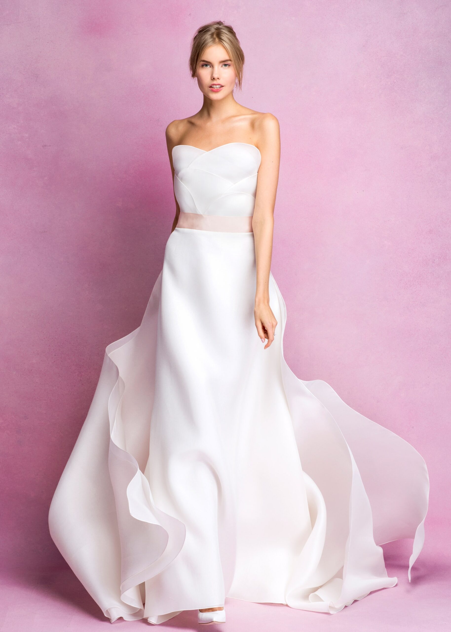 white silk strapless gown
