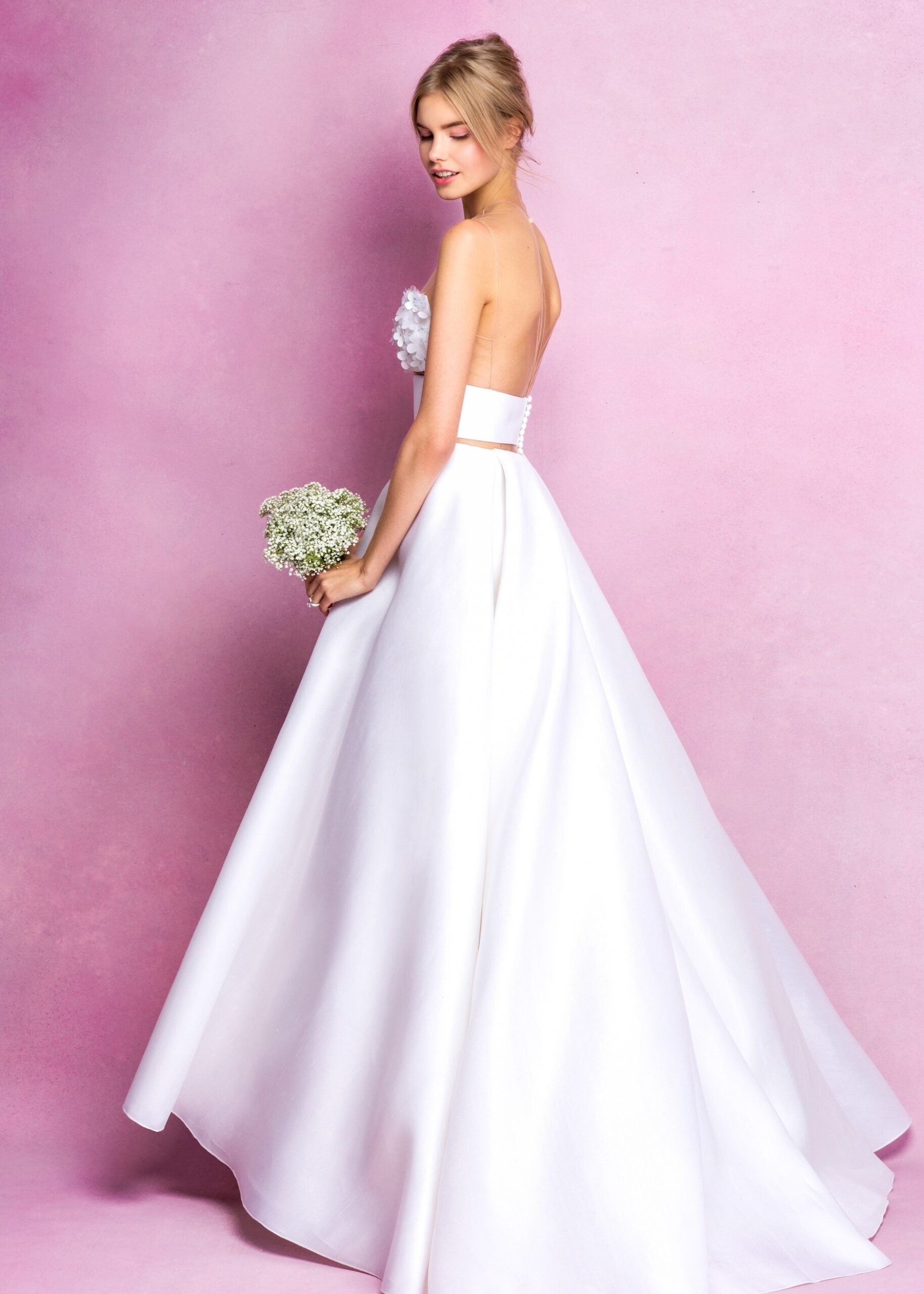 white silk strapless gown