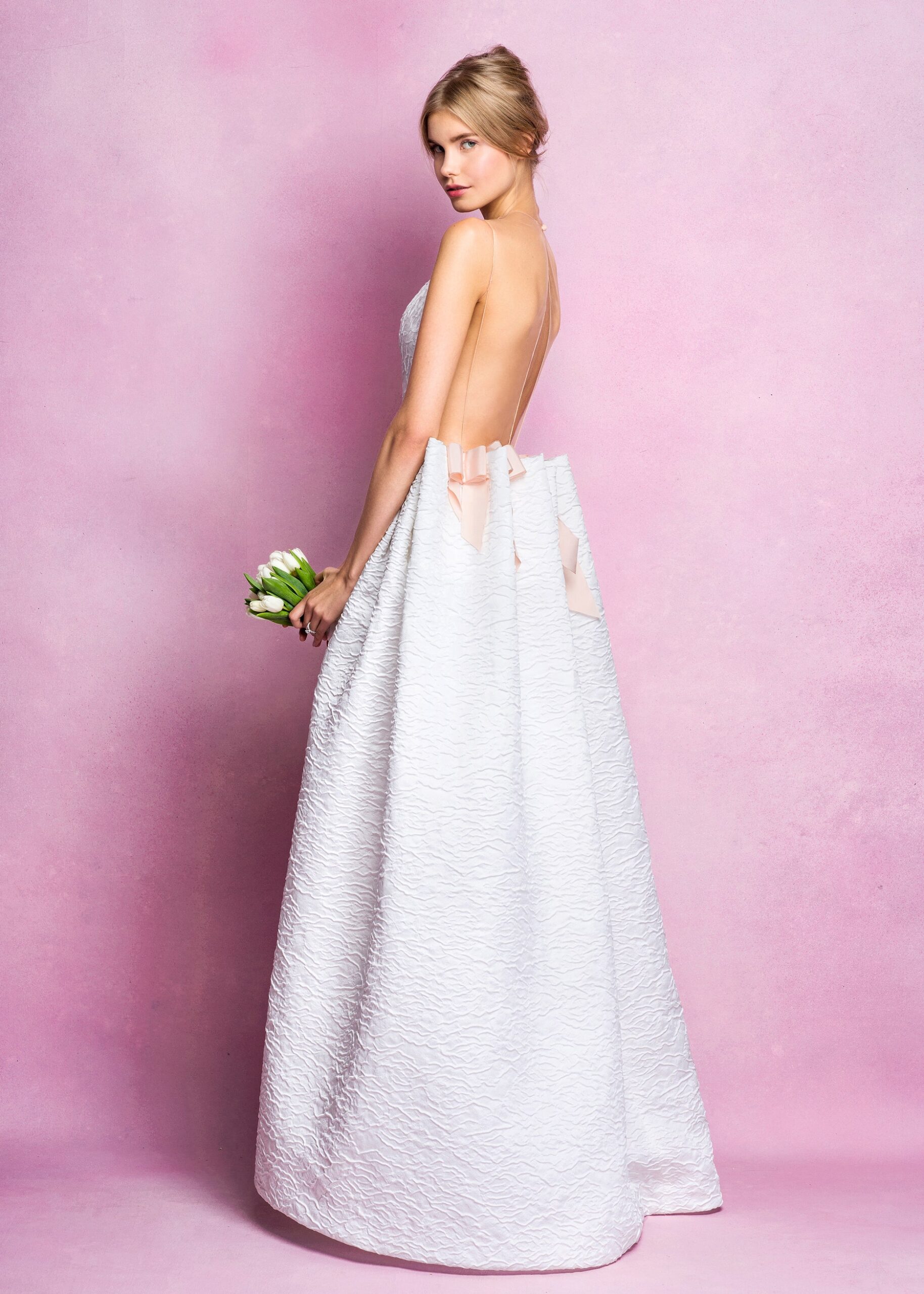 white silk strapless gown