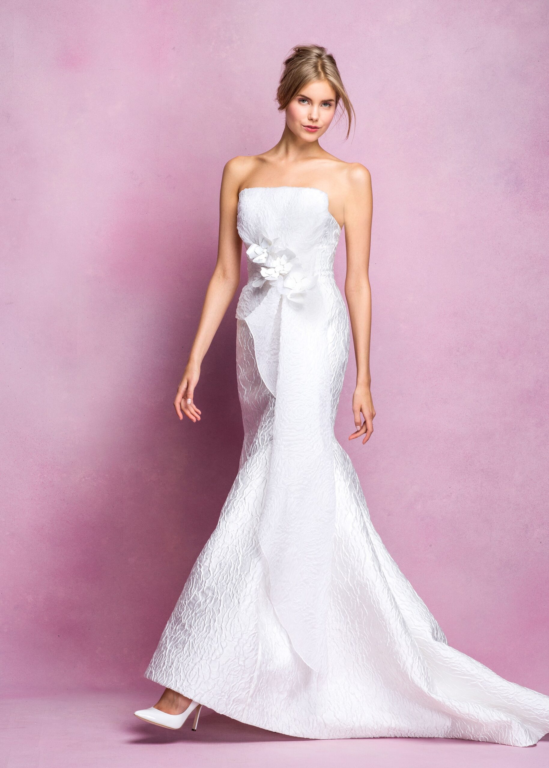 white strapless draped gown