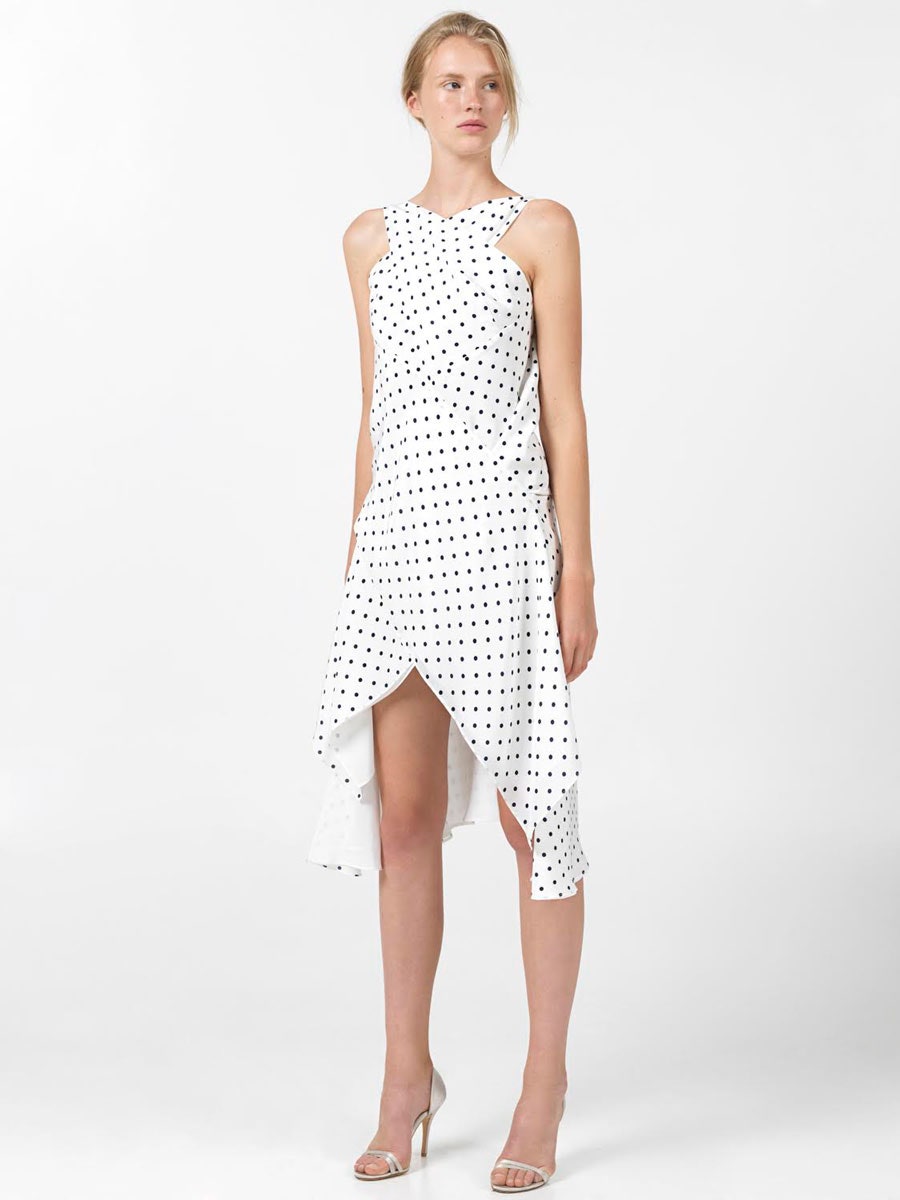 white polka-dot asymmetric dress