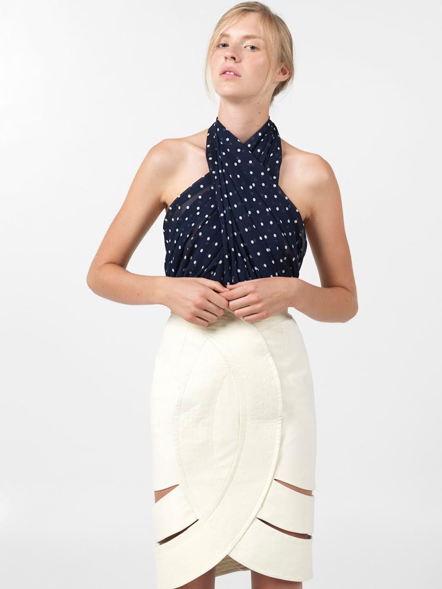 blue sleeveless halter fitted polka-dot top