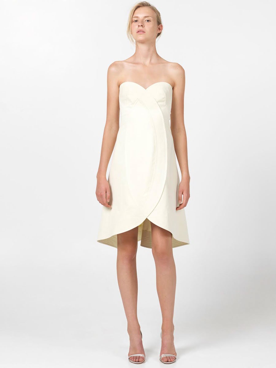 white strapless asymmetric dress