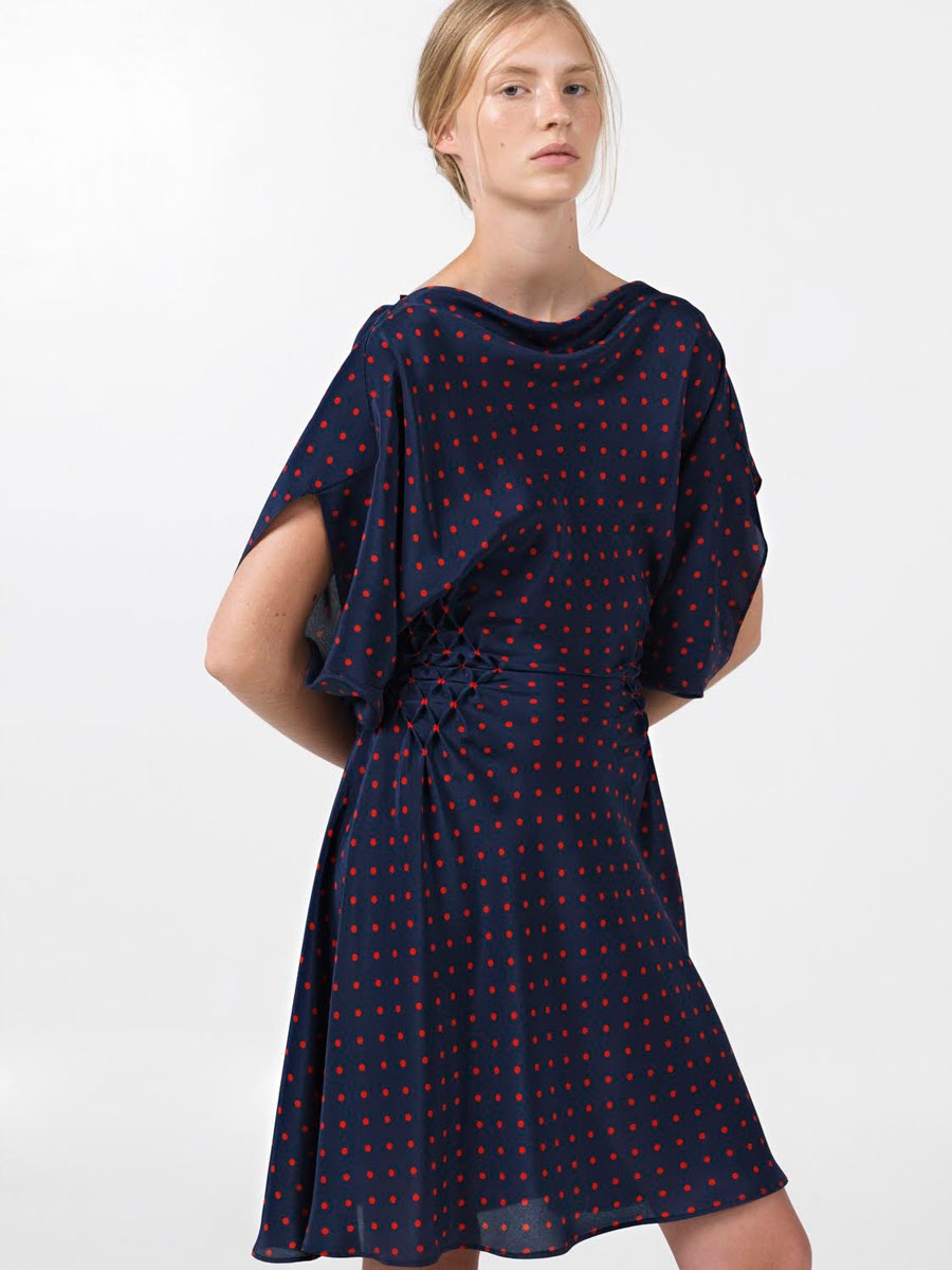 navy silk polka-dot dress