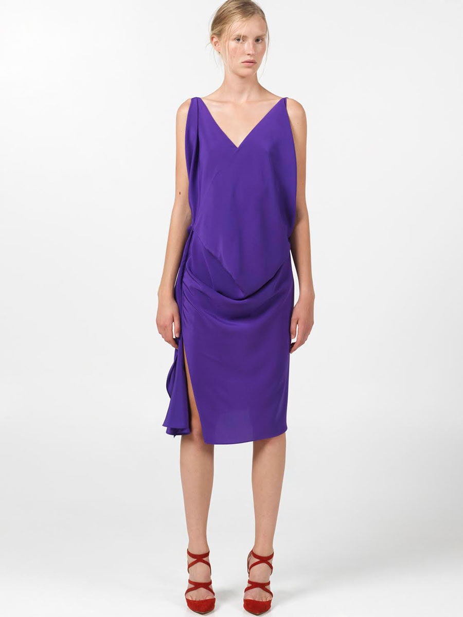 purple silk sleeveless v-neck fitted draped flowing dress