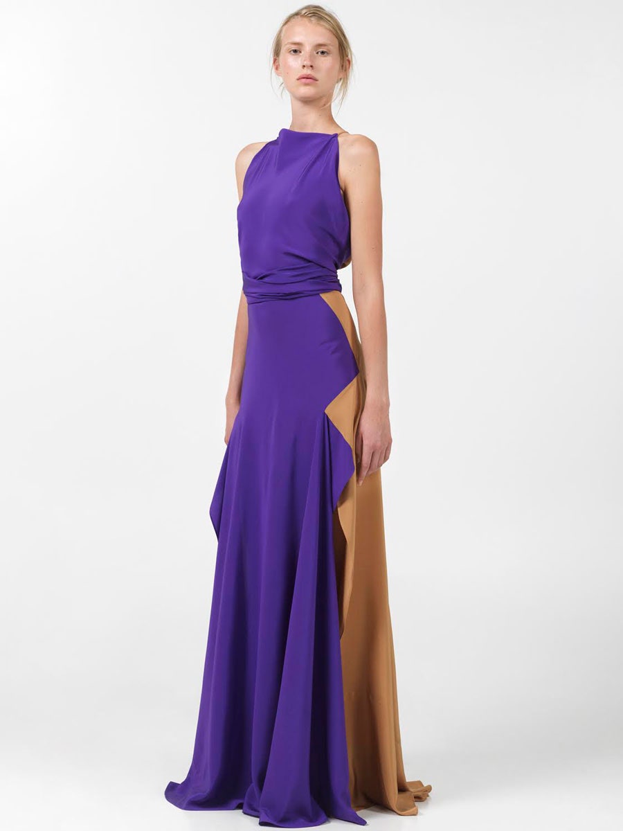 purple silk draped gown
