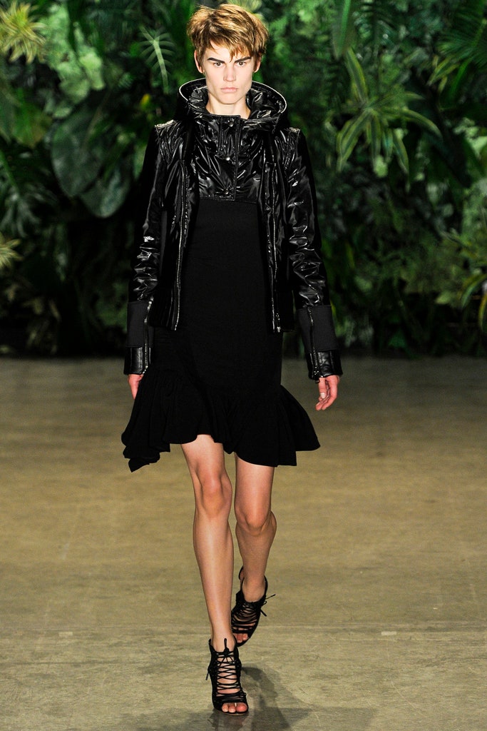 black vinyl jacket and mini dress