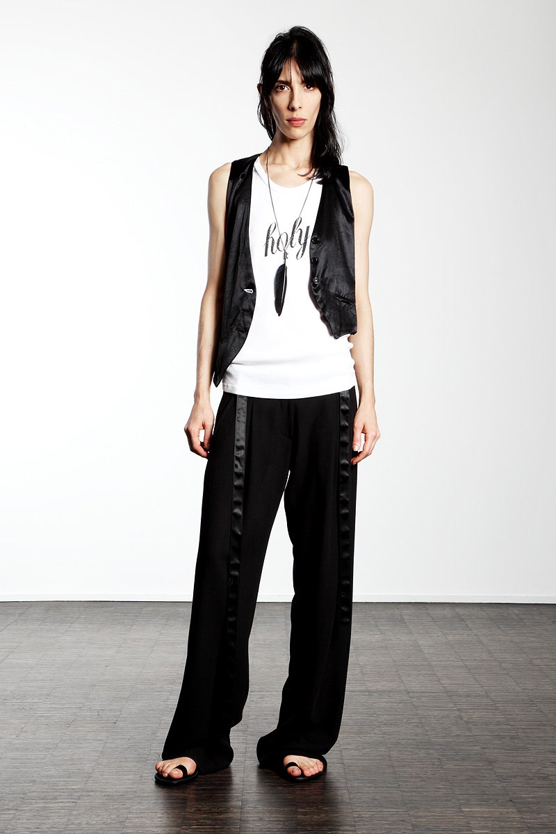 black silk vest with white tank-top
