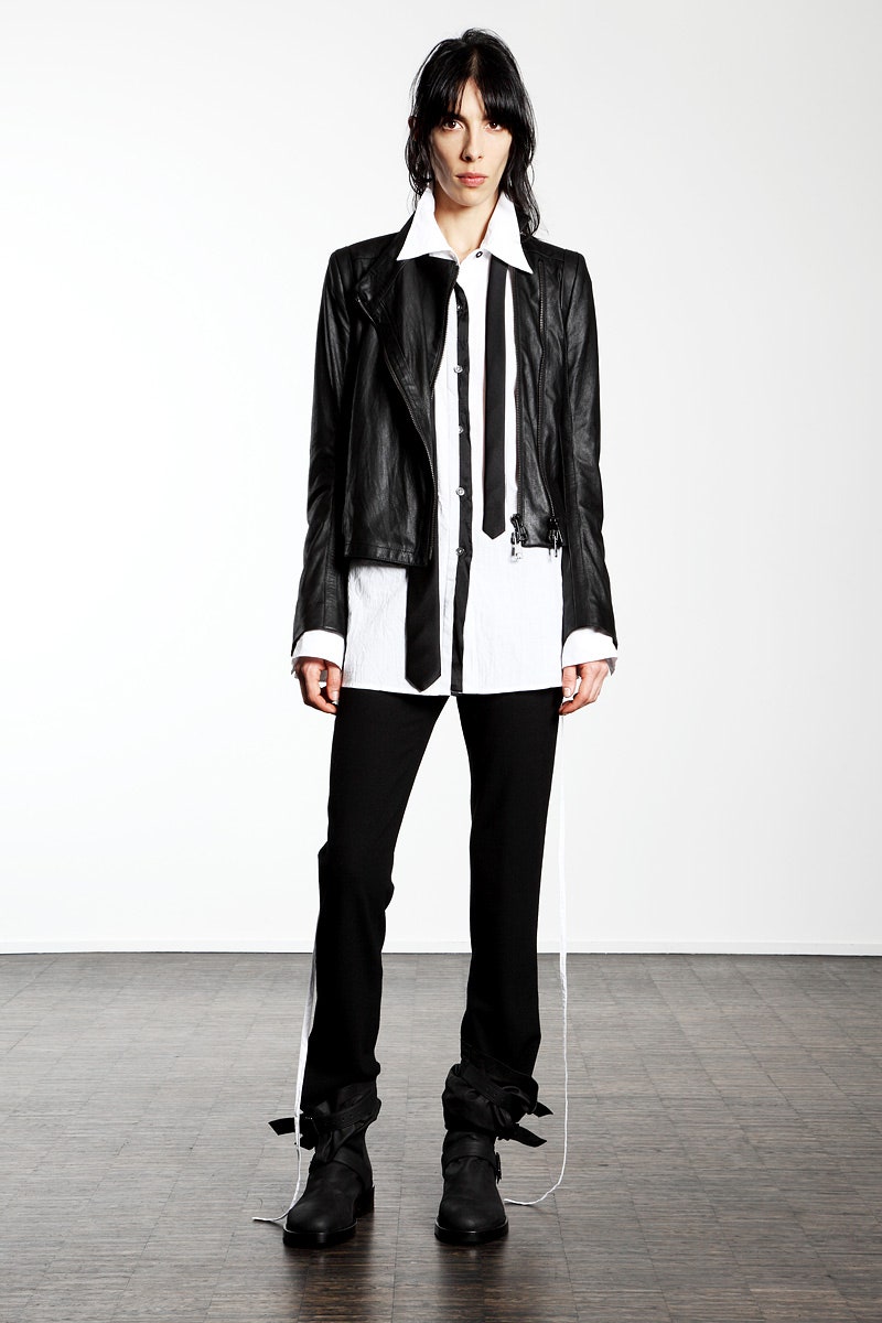 black leather jacket with white shirt