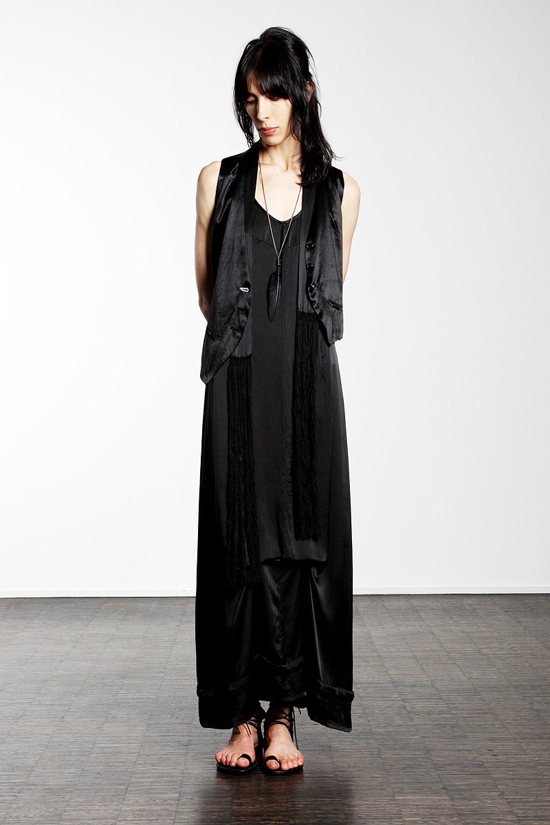 black silk vest and maxi dress