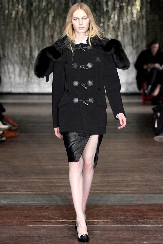 black wool coat and leather skirt