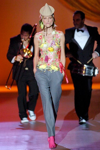 floral silk top with tailored pants