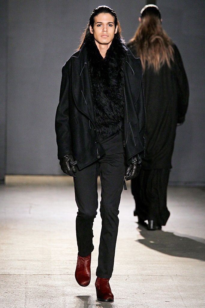 black wool coat with red boots