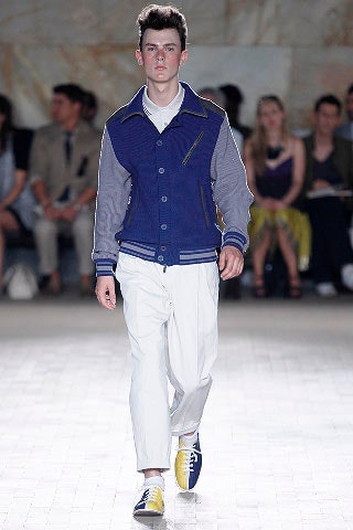 blue cotton long-sleeve collared relaxed zippered jacket