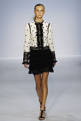white black embroidered jacket and black lace skirt