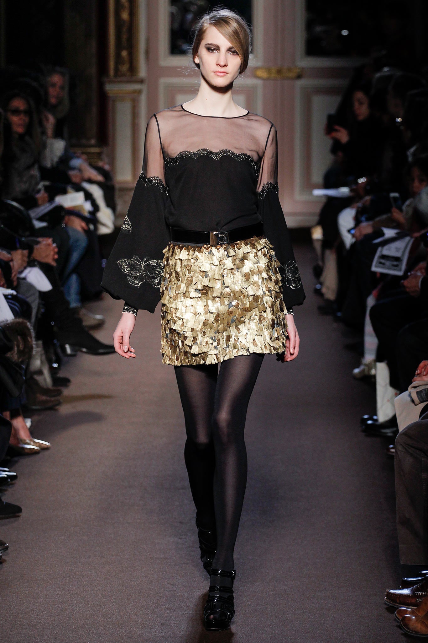 black silk long-sleeve high-neck fitted embroidered sheer blouse