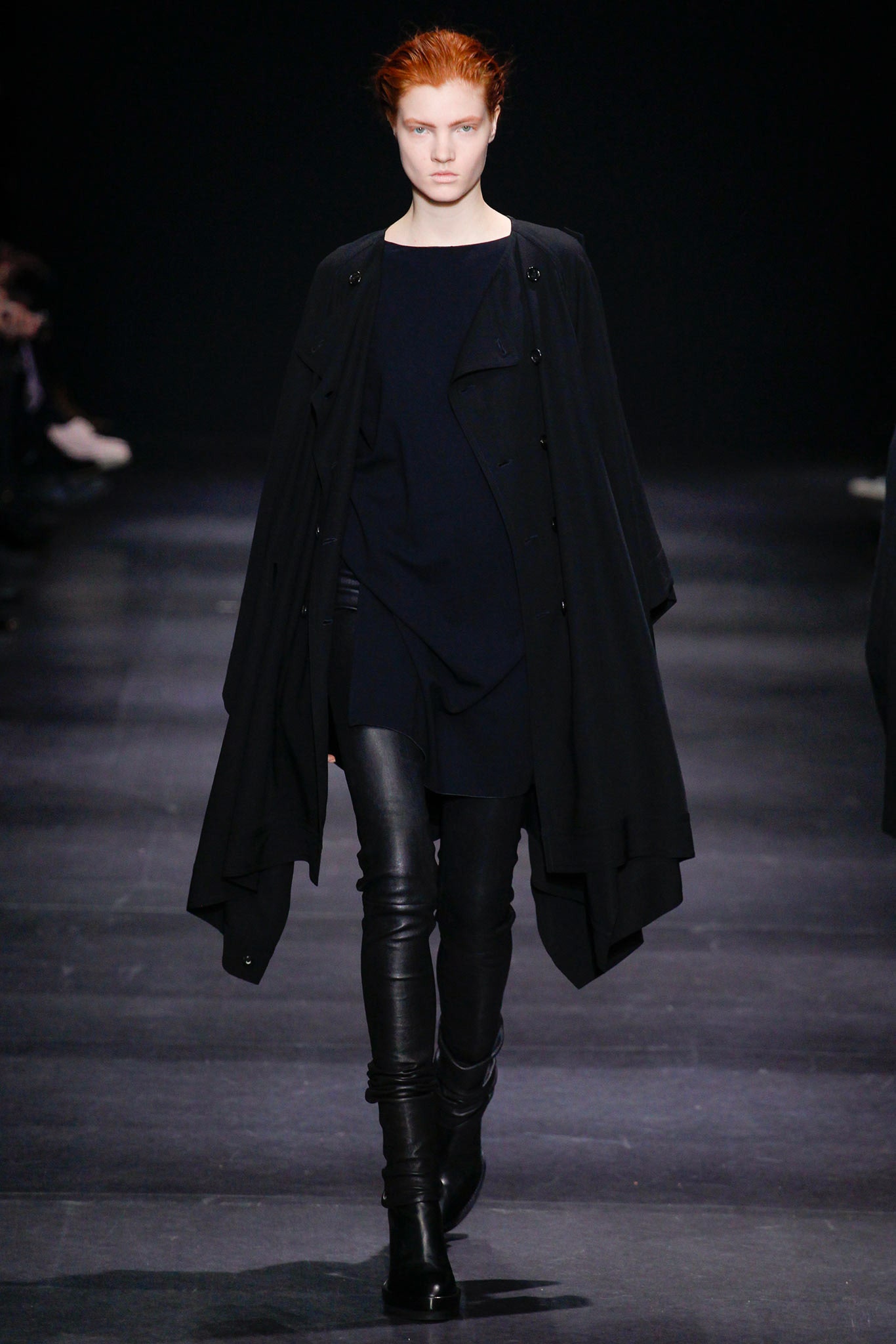 black wool cape and leather pants