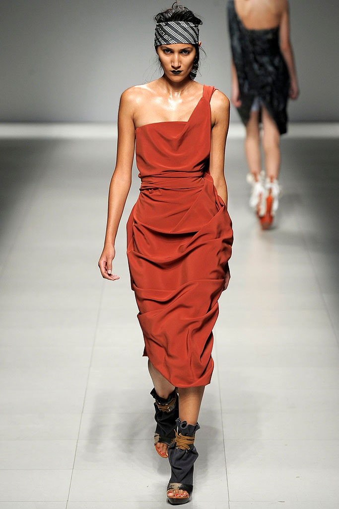 red silk sleeveless asymmetric fitted draped midi dress