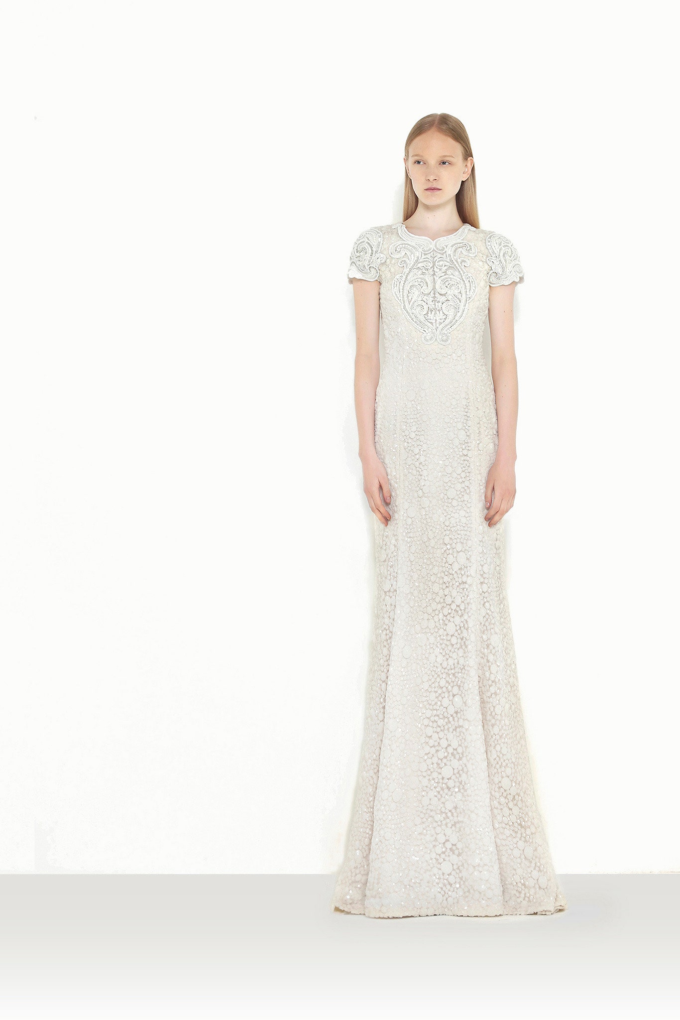 white lace embroidered gown