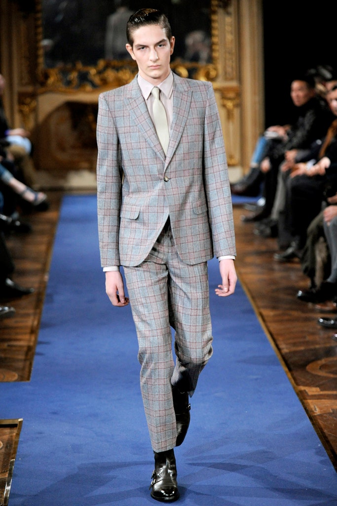 gray and blue checked suit