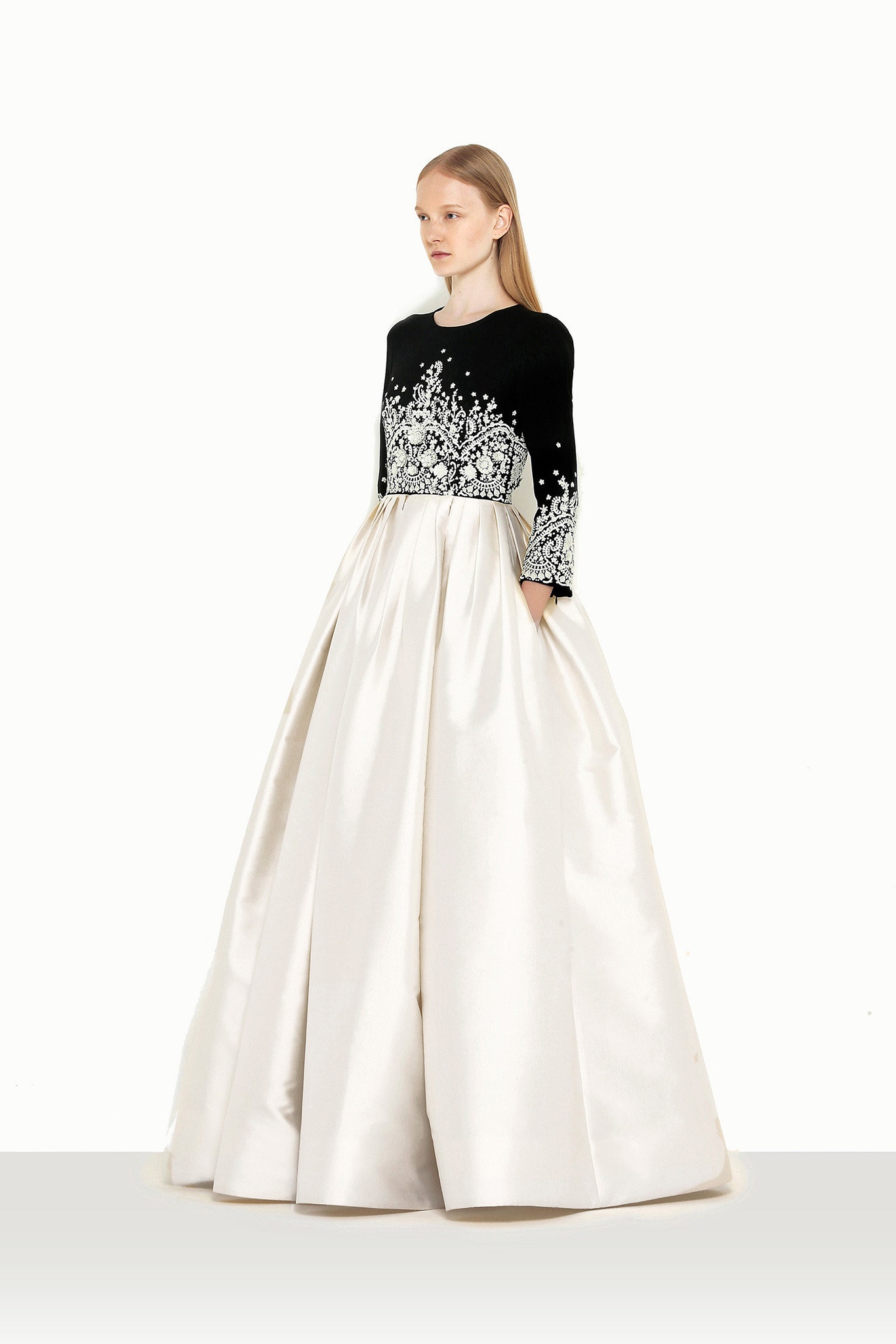 black and white embroidered gown
