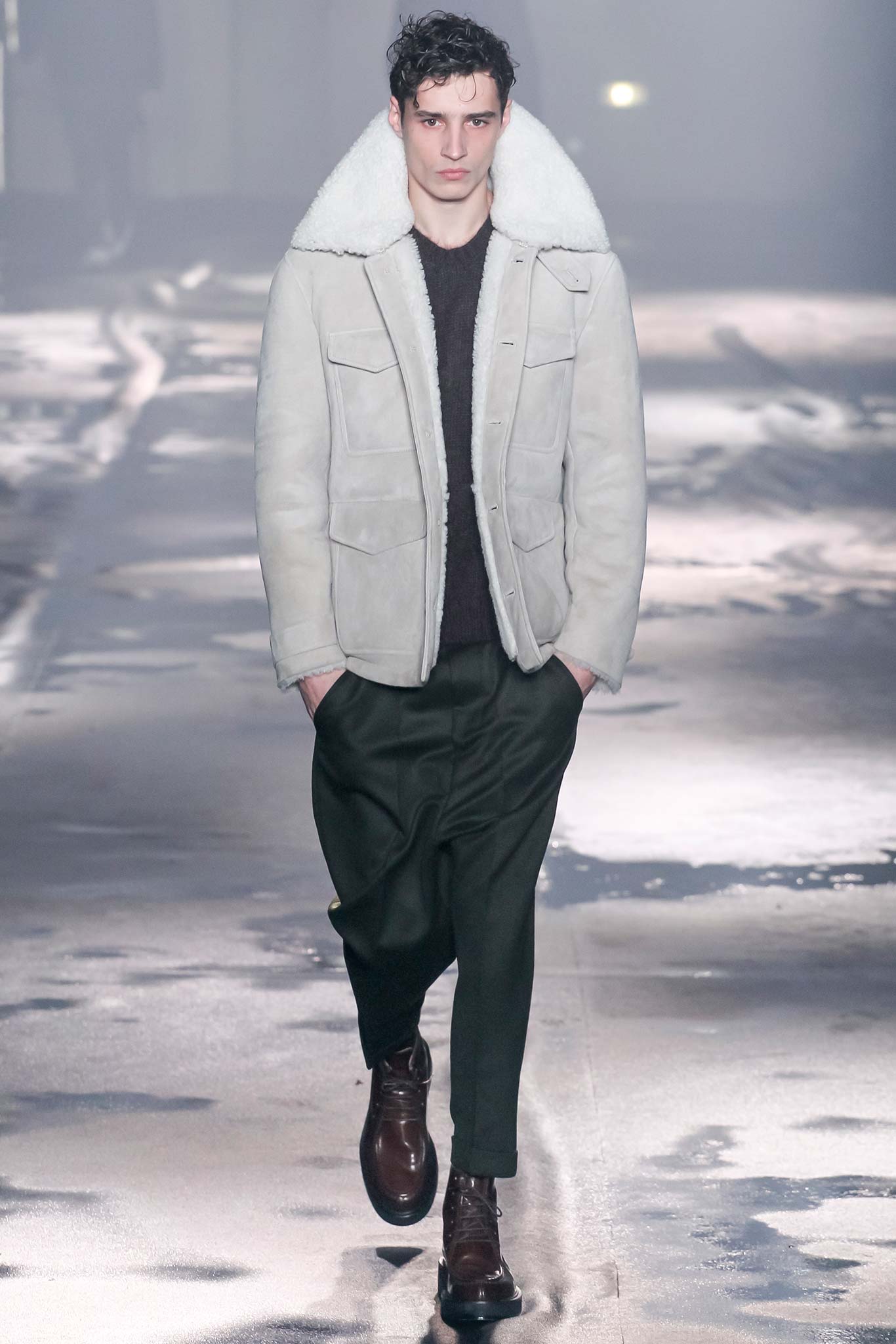 relaxed gray leather jacket with brown sweater