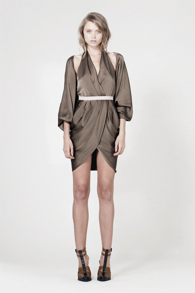 brown silk sleeveless v-neck fitted draped mini dress