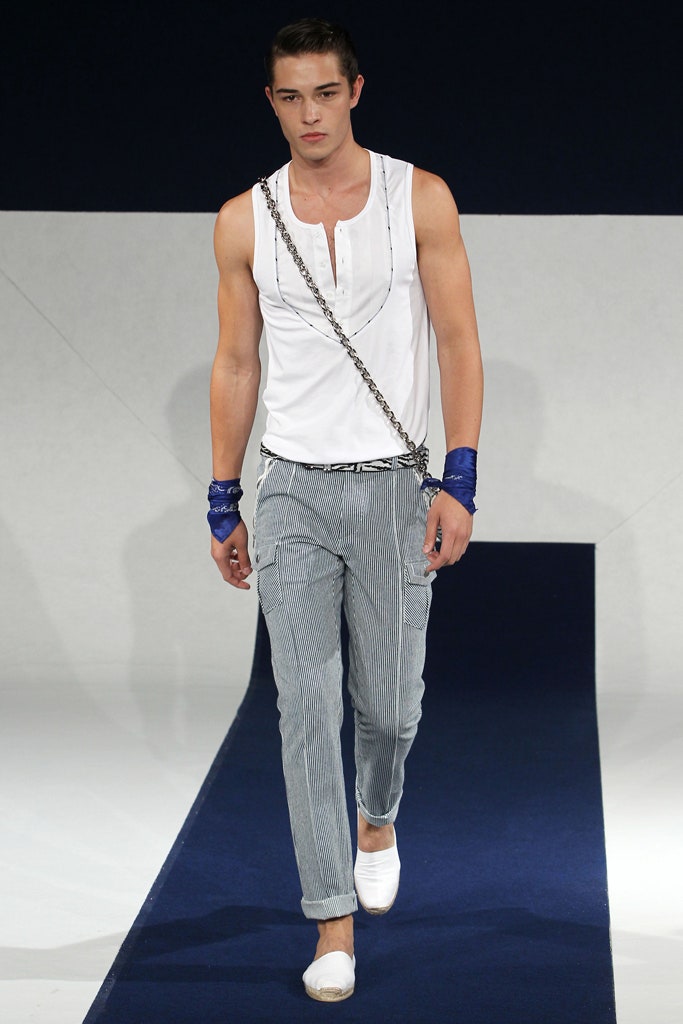 white tank-top with blue pants