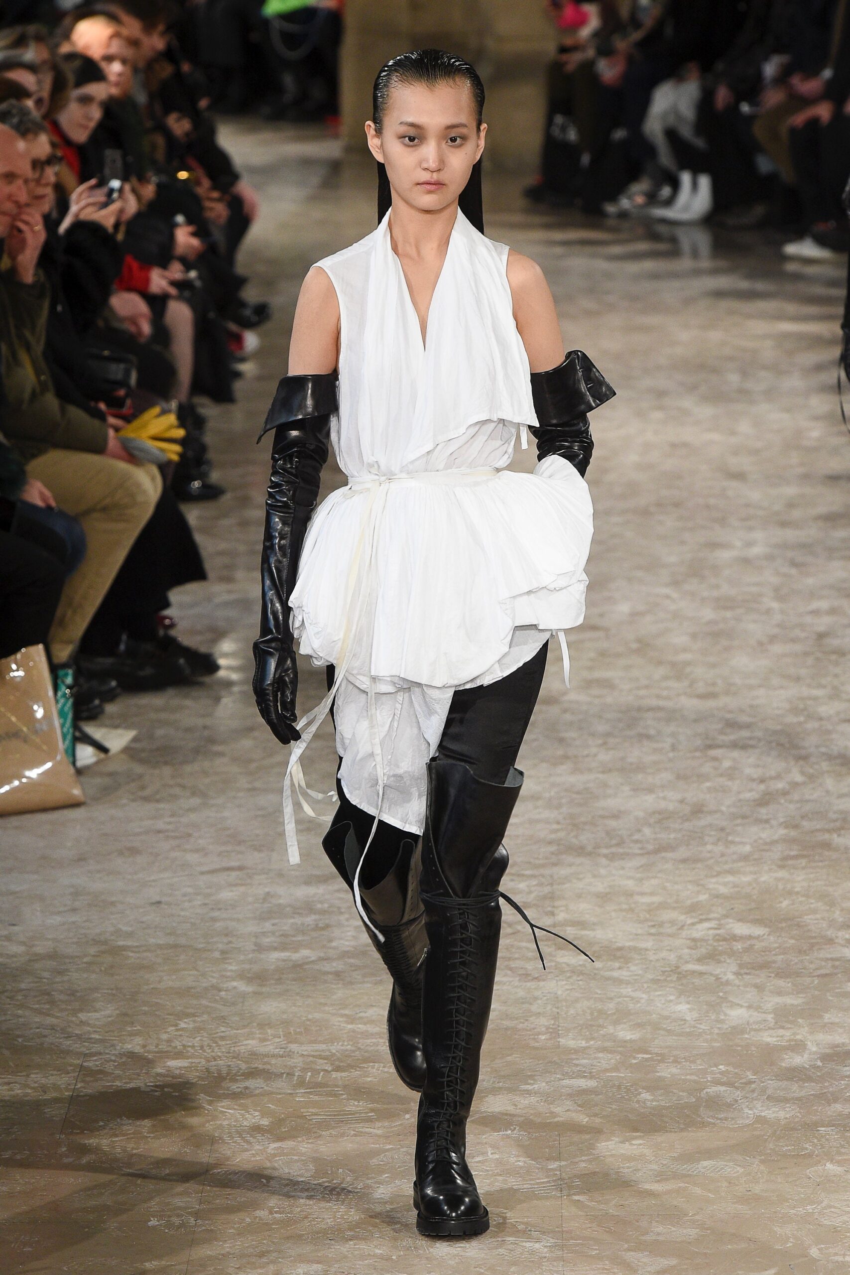 white draped mini dress with black boots