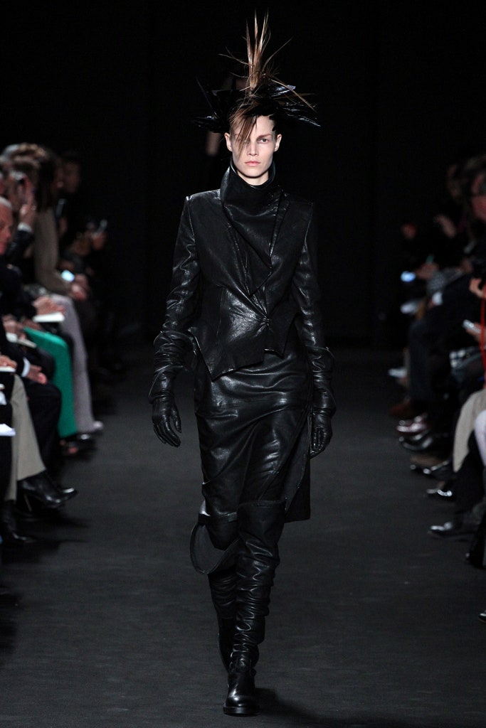 black leather fitted midi dress with gloves