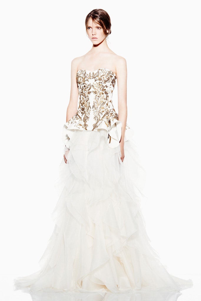 white and gold strapless gown