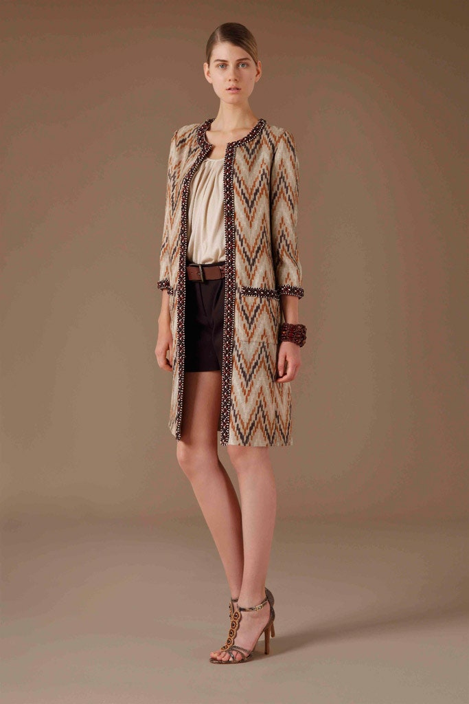 beige silk long-sleeve collared relaxed printed coat