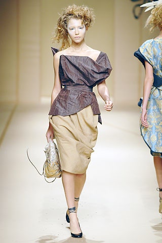 brown off-shoulder top with beige skirt