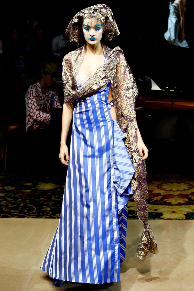 blue silk fitted gown with scarf