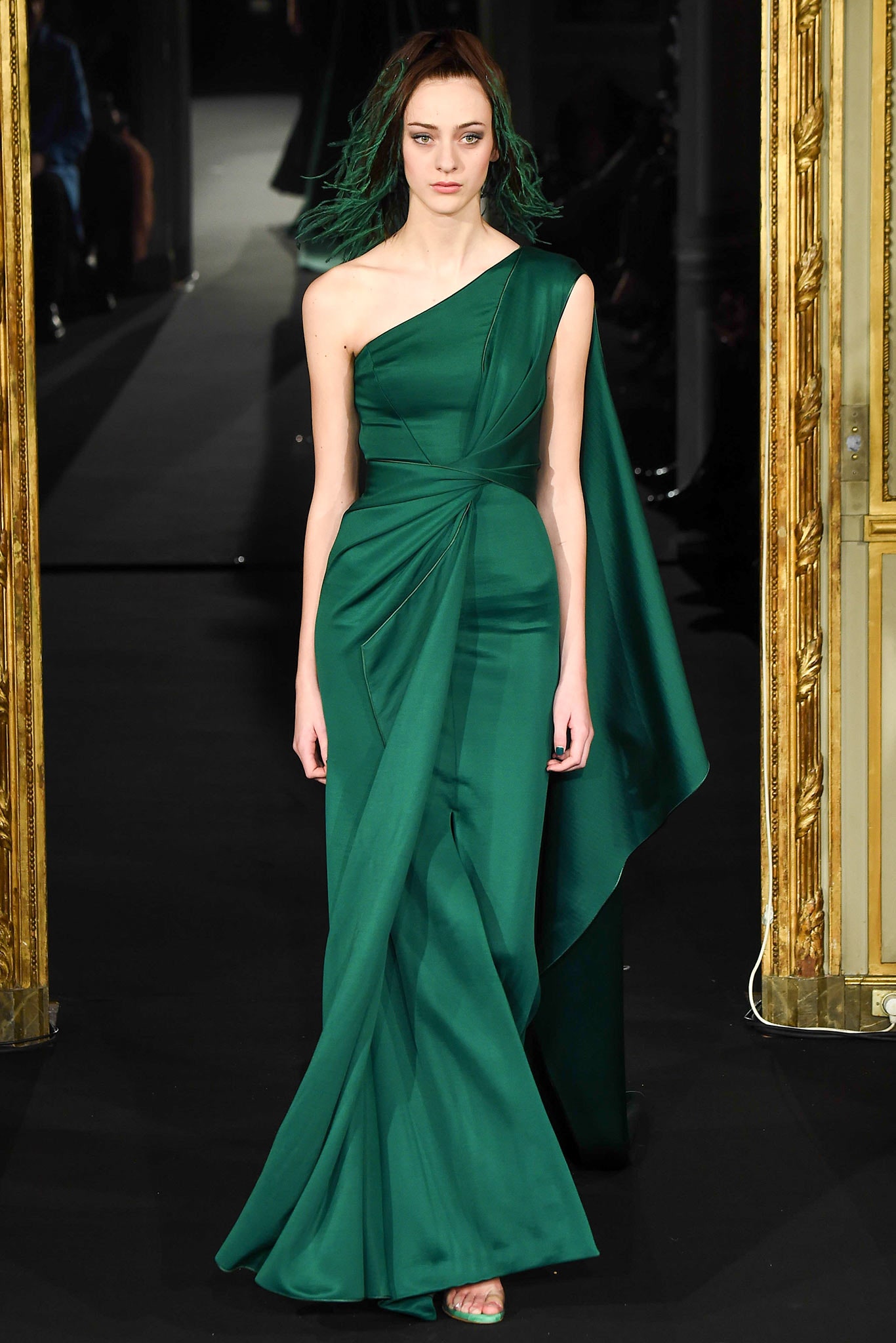 green silk asymmetric gown