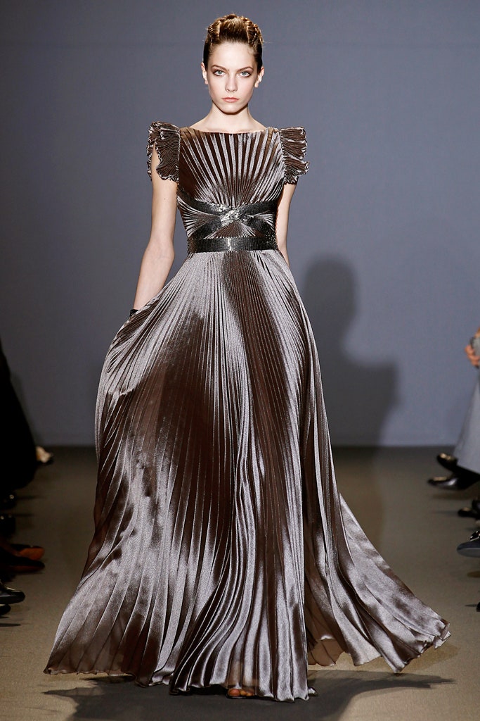 brown silk pleated gown