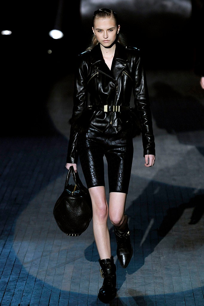 black leather fitted jacket and shorts