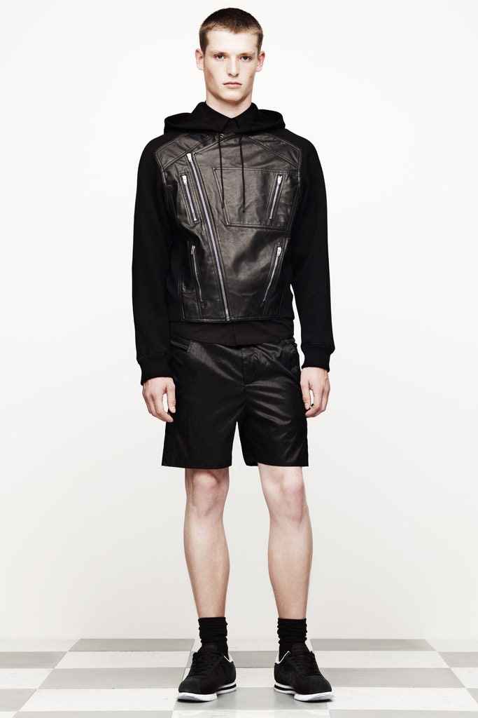 black leather long-sleeve hooded fitted zippered hoodie